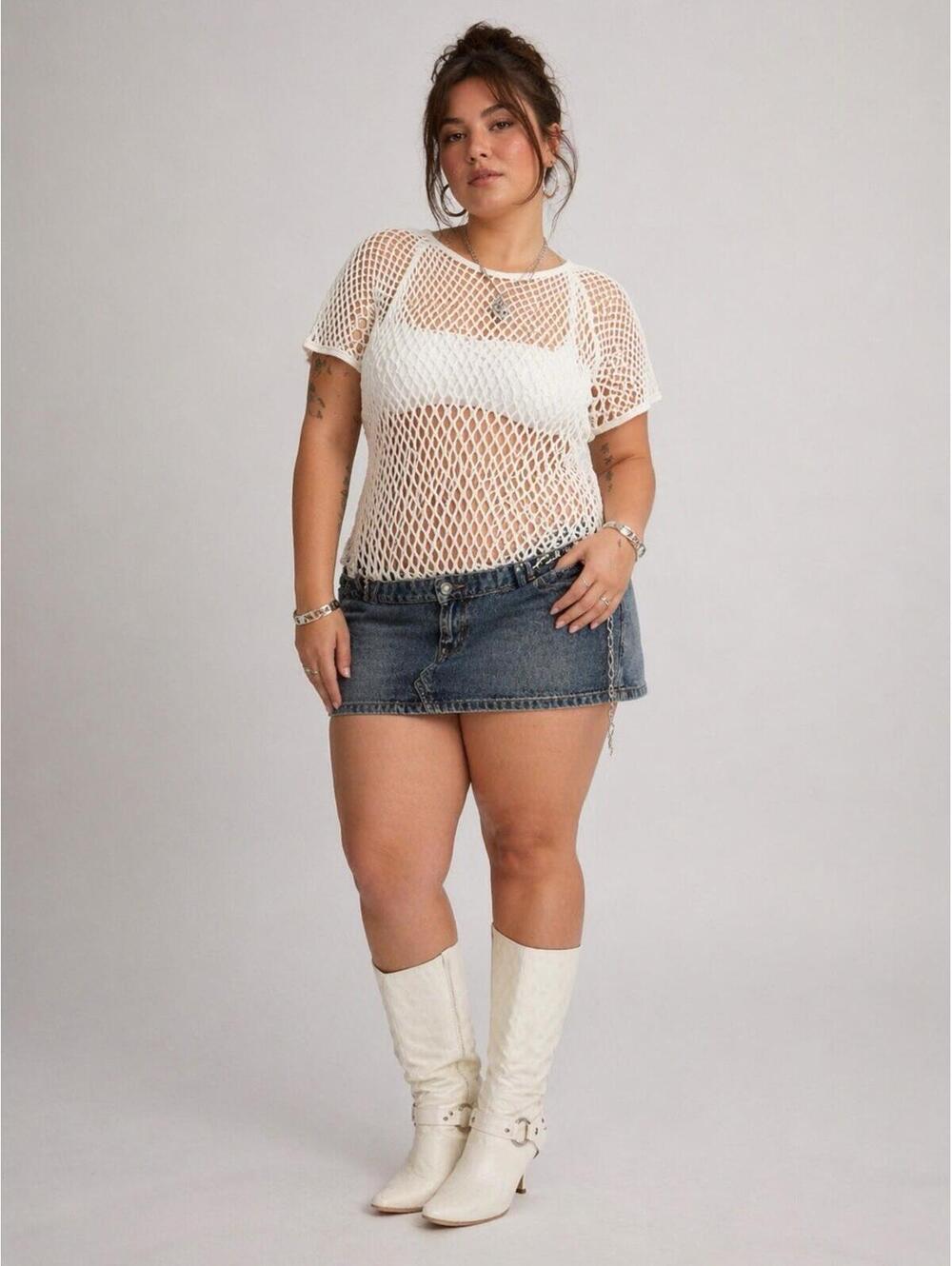 Vtg Y2K NAKM Women’s XL White Fish Net‎ Rave Goth Stretch Tunic Top Festival